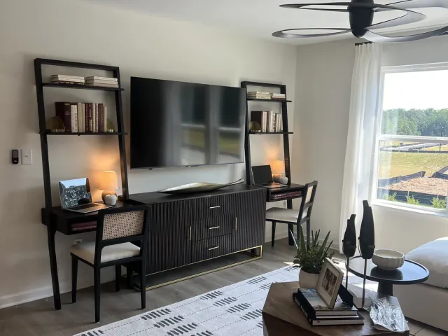 A TV on a white wall above a dark console in a living room with a black-and-white patterned rug