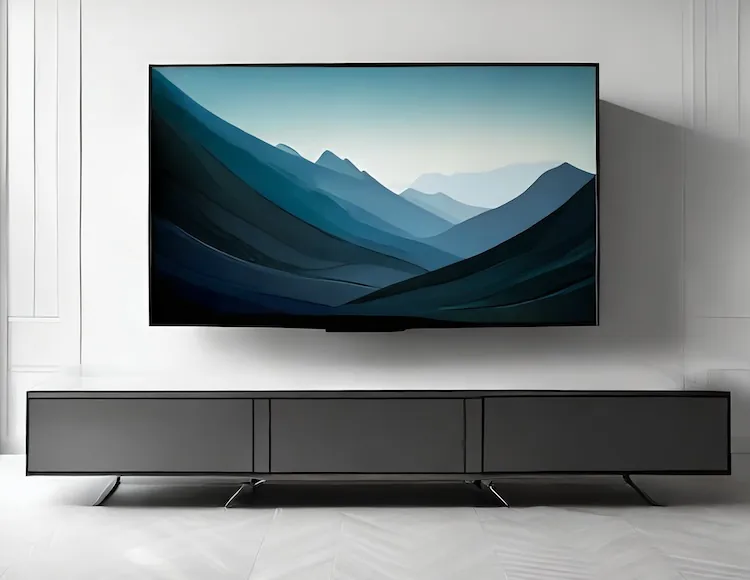 A mounted TV with a stylish living room setup